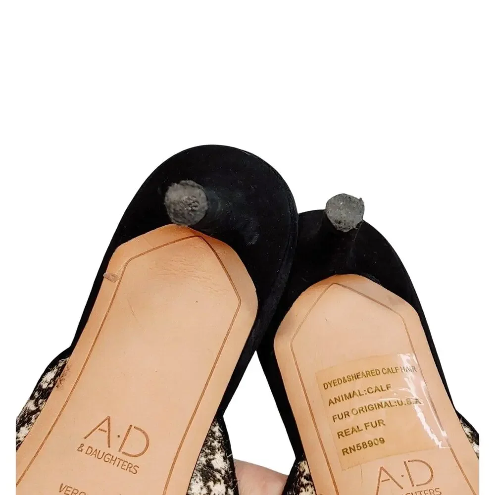 AD & Daughters Velvet Bow Calfskin Houndstooth Kitten Heel Mules Black White US7